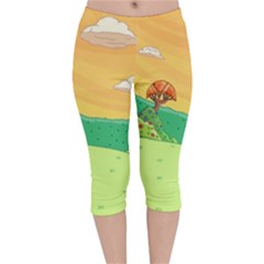 Green Field Illustration Adventure Time Multi Colored Velvet Capri Leggings  by Sarkoni