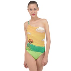 Green Field Illustration Adventure Time Multi Colored Classic One Shoulder Swimsuit by Sarkoni