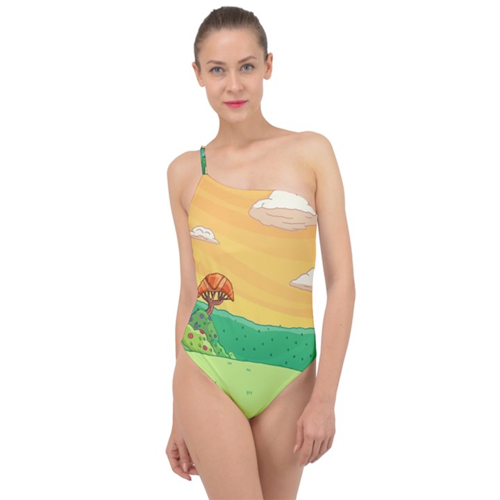 Green Field Illustration Adventure Time Multi Colored Classic One Shoulder Swimsuit