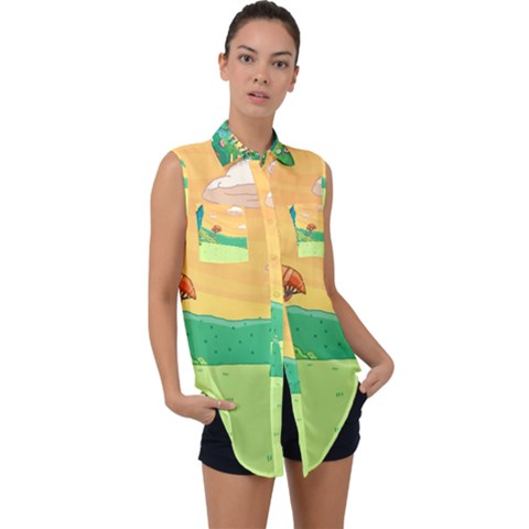 Green Field Illustration Adventure Time Multi Colored Sleeveless Chiffon Button Shirt by Sarkoni