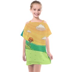 Green Field Illustration Adventure Time Multi Colored Kids  One Piece Chiffon Dress by Sarkoni