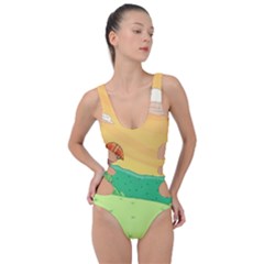 Green Field Illustration Adventure Time Multi Colored Side Cut Out Swimsuit by Sarkoni