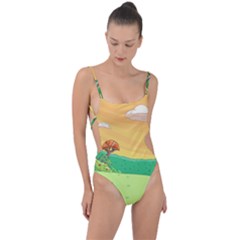 Green Field Illustration Adventure Time Multi Colored Tie Strap One Piece Swimsuit by Sarkoni