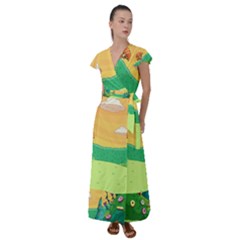 Green Field Illustration Adventure Time Multi Colored Flutter Sleeve Maxi Dress by Sarkoni