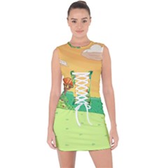 Green Field Illustration Adventure Time Multi Colored Lace Up Front Bodycon Dress by Sarkoni