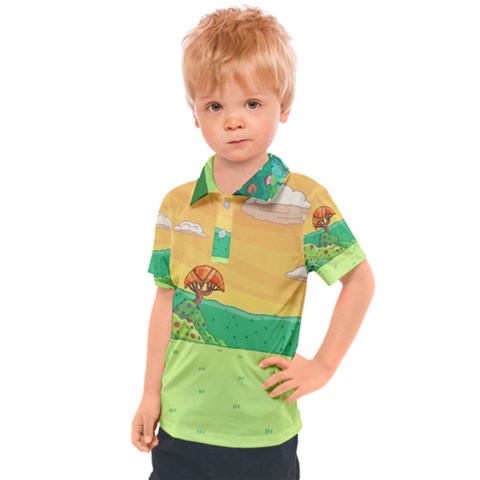 Green Field Illustration Adventure Time Multi Colored Kids  Polo T-shirt by Sarkoni