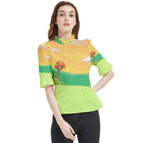 Green Field Illustration Adventure Time Multi Colored Frill Neck Blouse by Sarkoni