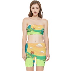 Green Field Illustration Adventure Time Multi Colored Stretch Shorts And Tube Top Set by Sarkoni