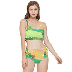 Green Field Illustration Adventure Time Multi Colored Frilly Bikini Set by Sarkoni