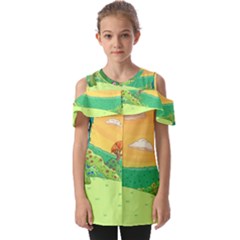 Green Field Illustration Adventure Time Multi Colored Fold Over Open Sleeve Top by Sarkoni