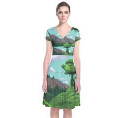 Adventure Time Cartoon Green Color Nature  Sky Short Sleeve Front Wrap Dress by Sarkoni