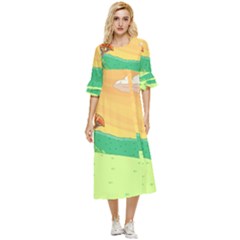 Green Field Illustration Adventure Time Multi Colored Double Cuff Midi Dress by Sarkoni