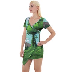 Adventure Time Cartoon Green Color Nature  Sky Short Sleeve Asymmetric Mini Dress by Sarkoni