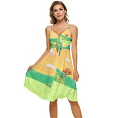 Green Field Illustration Adventure Time Multi Colored Sleeveless Tie Front Chiffon Dress by Sarkoni