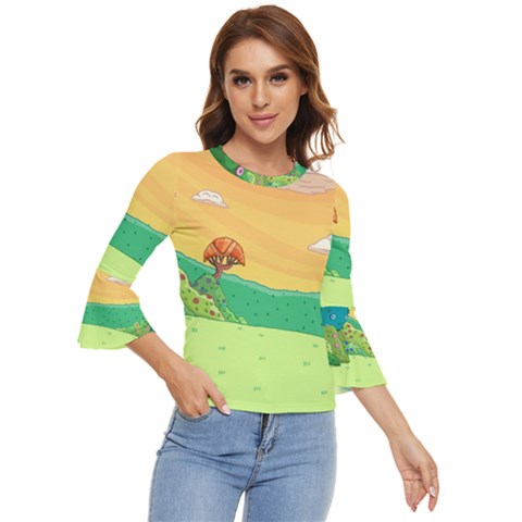 Green Field Illustration Adventure Time Multi Colored Bell Sleeve Top by Sarkoni