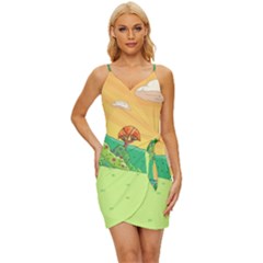 Green Field Illustration Adventure Time Multi Colored Wrap Tie Front Dress by Sarkoni