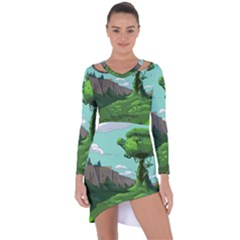 Adventure Time Cartoon Green Color Nature  Sky Asymmetric Cut-out Shift Dress by Sarkoni