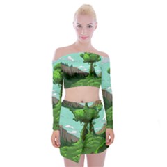 Adventure Time Cartoon Green Color Nature  Sky Off Shoulder Top With Mini Skirt Set by Sarkoni