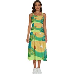 Green Field Illustration Adventure Time Multi Colored Sleeveless Shoulder Straps Boho Dress by Sarkoni