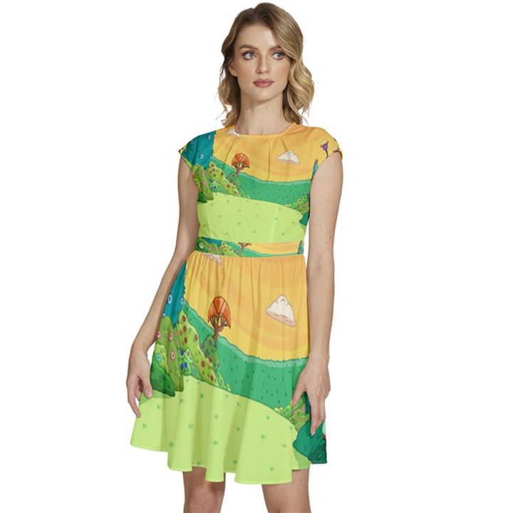 Green Field Illustration Adventure Time Multi Colored Cap Sleeve High Waist Dress