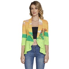 Green Field Illustration Adventure Time Multi Colored Women s 3/4 Sleeve Ruffle Edge Open Front Jacket by Sarkoni