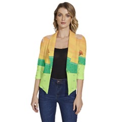 Green Field Illustration Adventure Time Multi Colored Women s Draped Front 3/4 Sleeve Shawl Collar Jacket by Sarkoni