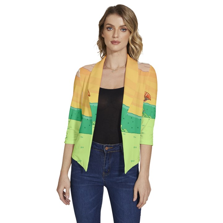 Green Field Illustration Adventure Time Multi Colored Women s Draped Front 3/4 Sleeve Shawl Collar Jacket