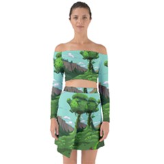 Adventure Time Cartoon Green Color Nature  Sky Off Shoulder Top With Skirt Set by Sarkoni