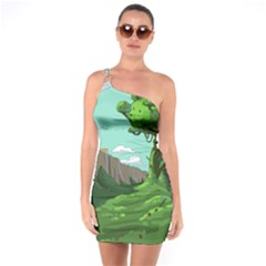 Adventure Time Cartoon Green Color Nature  Sky One Shoulder Ring Trim Bodycon Dress by Sarkoni