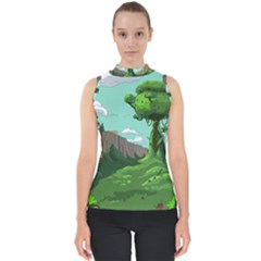 Adventure Time Cartoon Green Color Nature  Sky Mock Neck Shell Top by Sarkoni