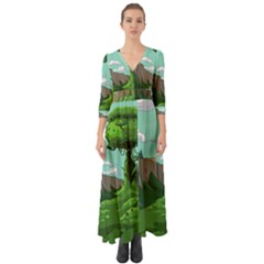 Adventure Time Cartoon Green Color Nature  Sky Button Up Boho Maxi Dress by Sarkoni