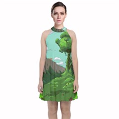 Adventure Time Cartoon Green Color Nature  Sky Velvet Halter Neckline Dress  by Sarkoni