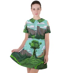 Adventure Time Cartoon Green Color Nature  Sky Short Sleeve Shoulder Cut Out Dress  by Sarkoni