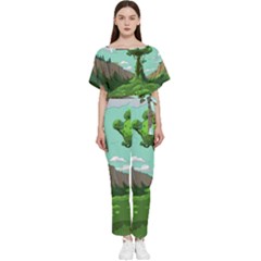 Adventure Time Cartoon Green Color Nature  Sky Batwing Lightweight Chiffon Jumpsuit by Sarkoni