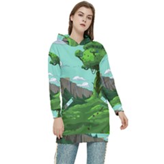 Adventure Time Cartoon Green Color Nature  Sky Women s Long Oversized Pullover Hoodie by Sarkoni