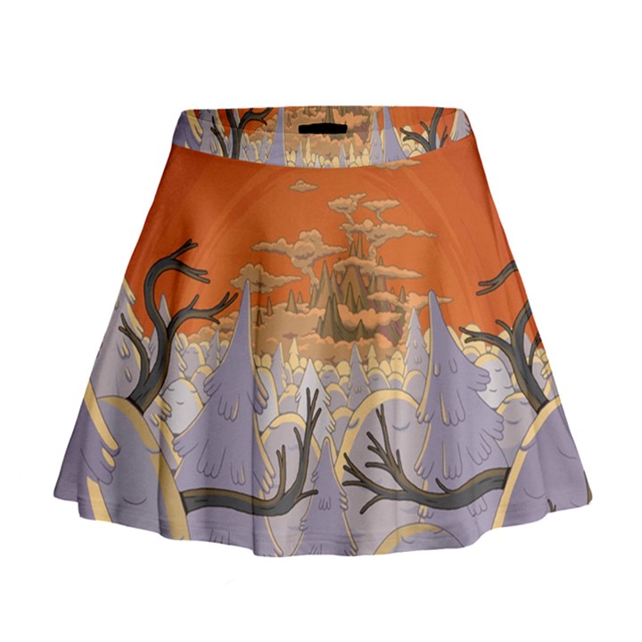 Adventure Time Cartoon Landscape Trees Mini Flare Skirt