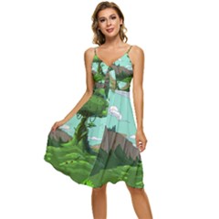 Adventure Time Cartoon Green Color Nature  Sky Sleeveless Tie Front Chiffon Dress by Sarkoni