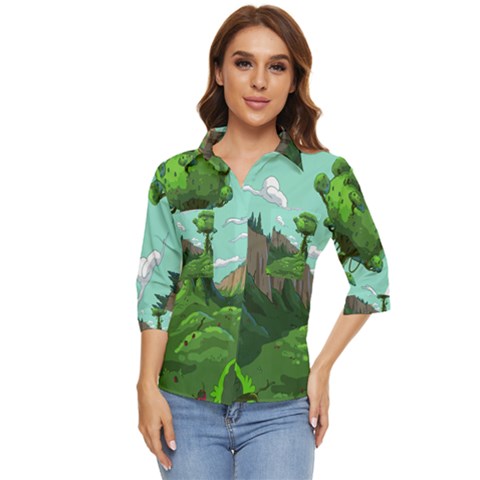 Adventure Time Cartoon Green Color Nature  Sky Women s Quarter Sleeve Pocket Shirt by Sarkoni