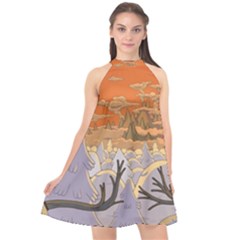 Adventure Time Cartoon Landscape Trees Halter Neckline Chiffon Dress 