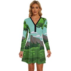 Adventure Time Cartoon Green Color Nature  Sky Long Sleeve Deep V Mini Dress  by Sarkoni