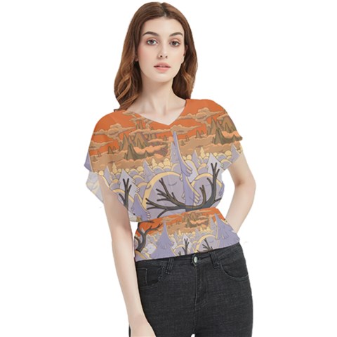 Adventure Time Cartoon Landscape Trees Butterfly Chiffon Blouse by Sarkoni