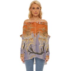 Adventure Time Cartoon Landscape Trees Off Shoulder Chiffon Pocket Shirt by Sarkoni