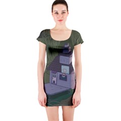 Purple House Cartoon Character Adventure Time Architecture Short Sleeve Bodycon Dress by Sarkoni