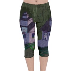 Purple House Cartoon Character Adventure Time Architecture Velvet Capri Leggings  by Sarkoni