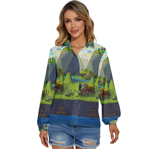 Cartoon Network Mountains Landscapes Seas Illustrations Adventure Time Rivers Women s Long Sleeve Button Up Shirt by Sarkoni