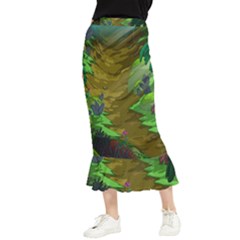 Green Pine Trees Wallpaper Adventure Time Cartoon Green Color Maxi Fishtail Chiffon Skirt