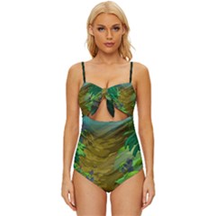 Green Pine Trees Wallpaper Adventure Time Cartoon Green Color Knot Front One-piece Swimsuit by Sarkoni