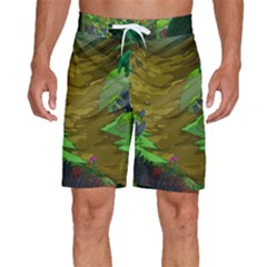 Green Pine Trees Wallpaper Adventure Time Cartoon Green Color Men s Beach Shorts by Sarkoni