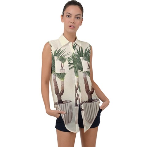 Tree Vector Art In A Flower Pot Sleeveless Chiffon Button Shirt by Sarkoni