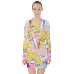 Pillows And Vegetable Field Illustration Adventure Time Cartoon V-neck Bodycon Long Sleeve Dress by Sarkoni